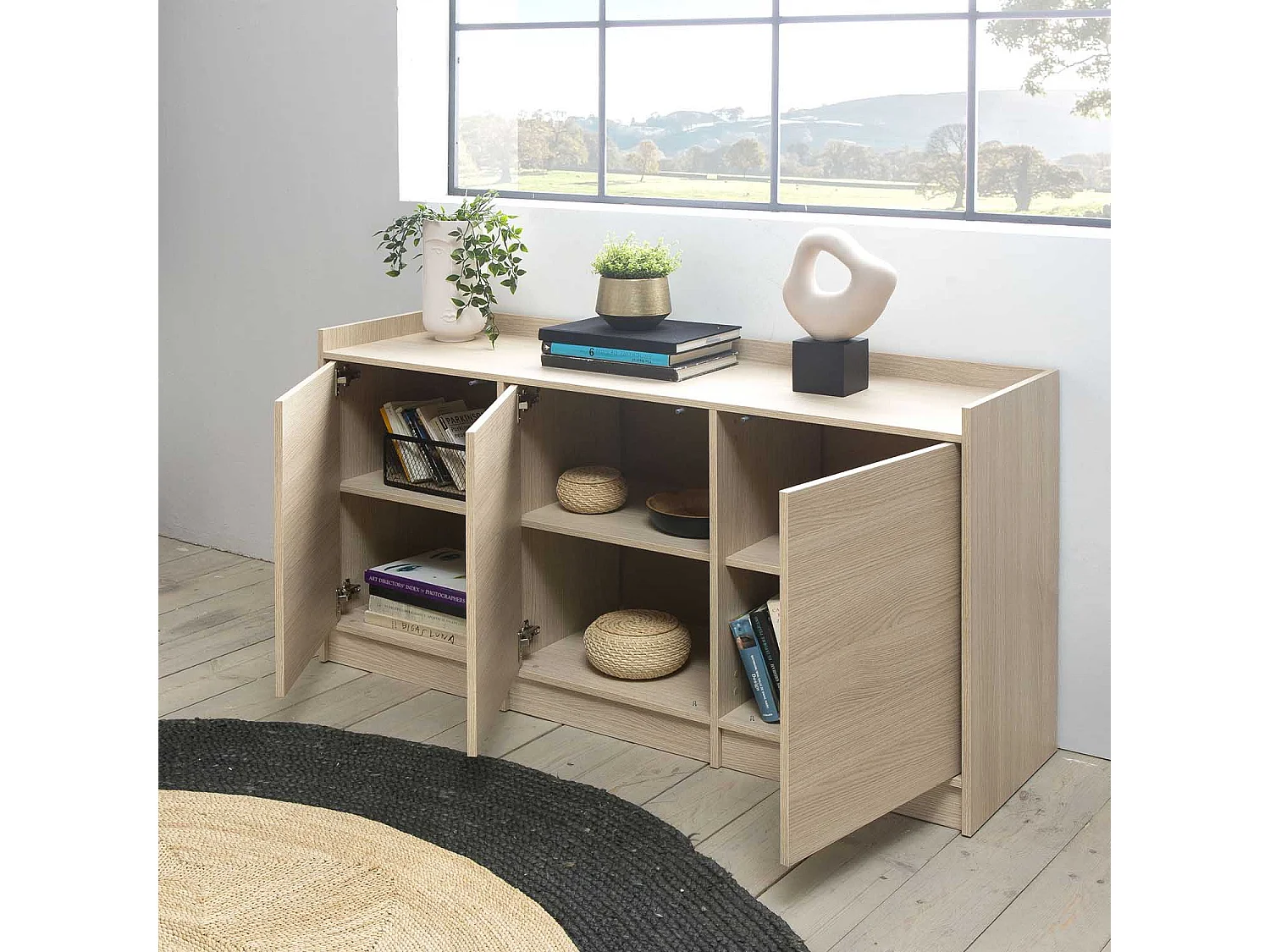 Buffet Moscú 3 Portes et 3 niches internes, Couleur Chêne, 139 cm Largeur