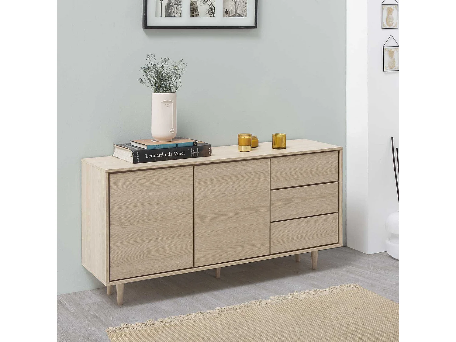 Buffet Denia de 2 Portes et 3 tiroirs Couleur Chêne, 140cm Largeur