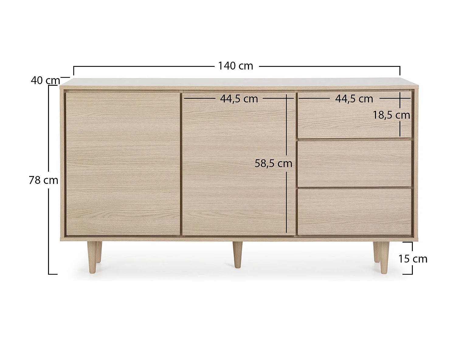 Buffet Denia de 2 Portes et 3 tiroirs Couleur Chêne, 140cm Largeur