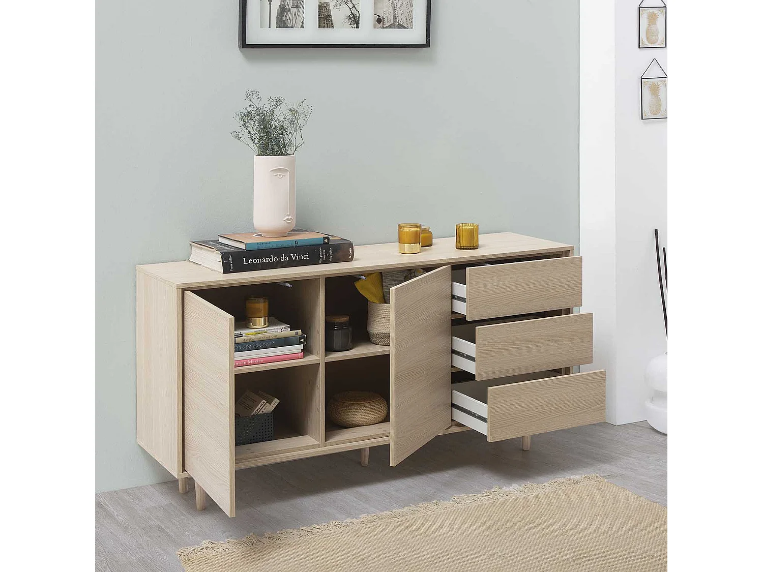 Buffet Denia de 2 Portes et 3 tiroirs Couleur Chêne, 140cm Largeur