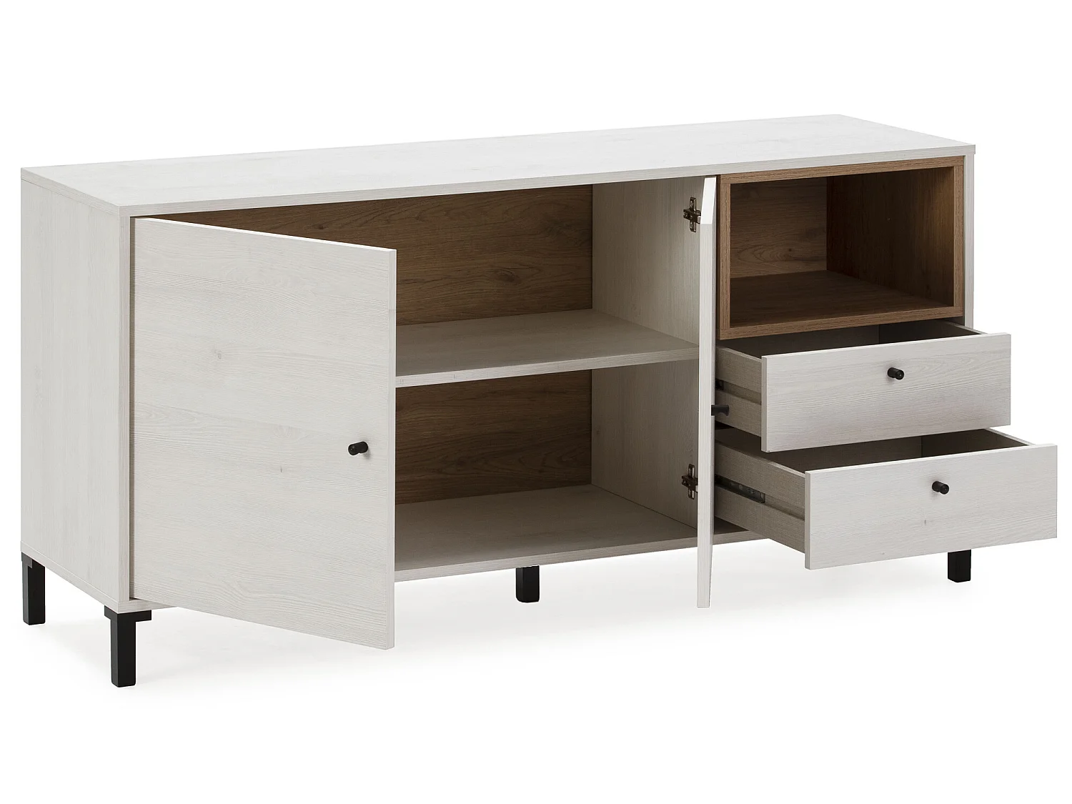Credenza bassa Javea 2 cassetti, 2 porte e 1 ripiano, bianco/legno, 136,5 cm