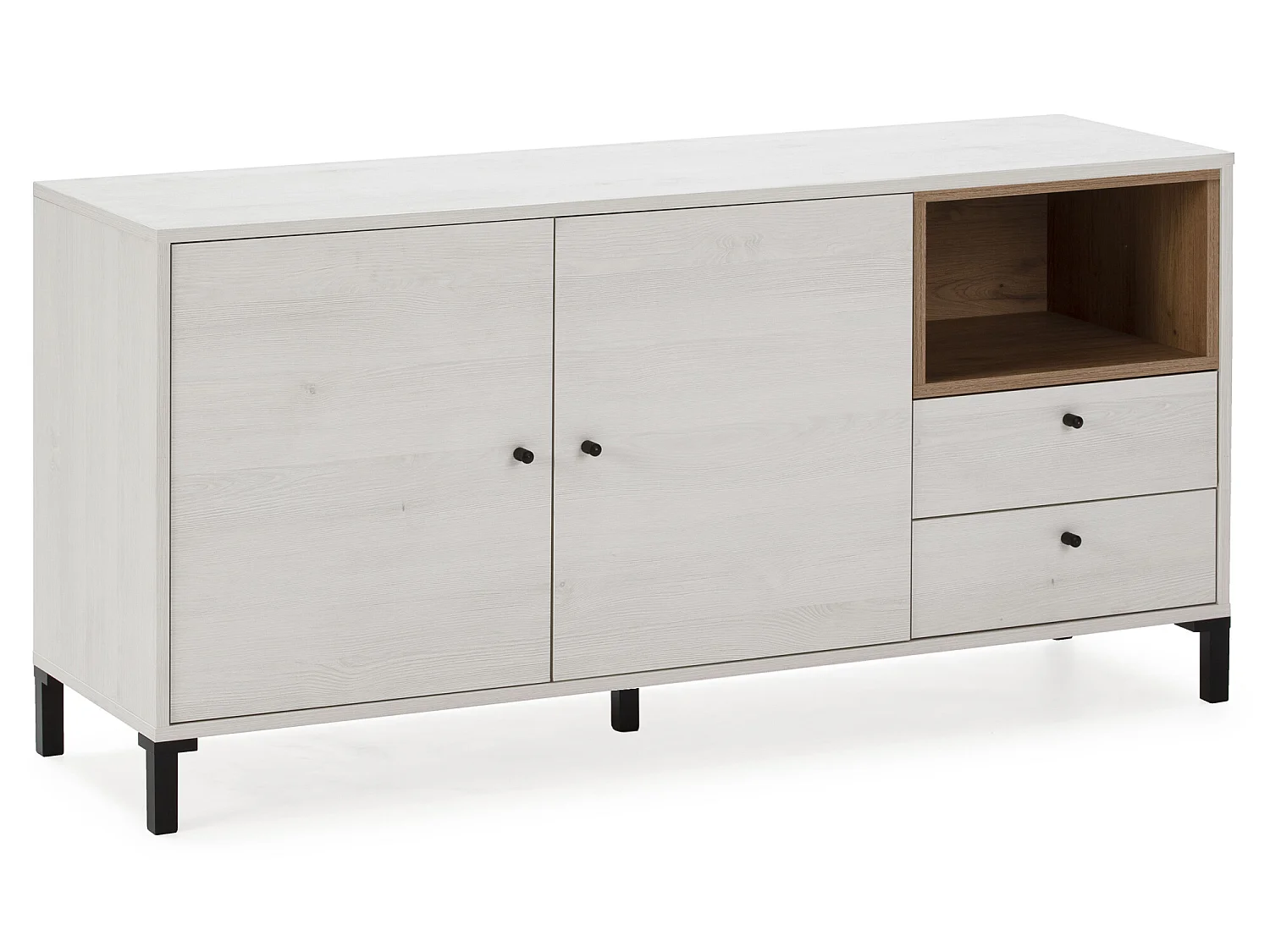 Credenza bassa Javea 2 cassetti, 2 porte e 1 ripiano, bianco/legno, 136,5 cm