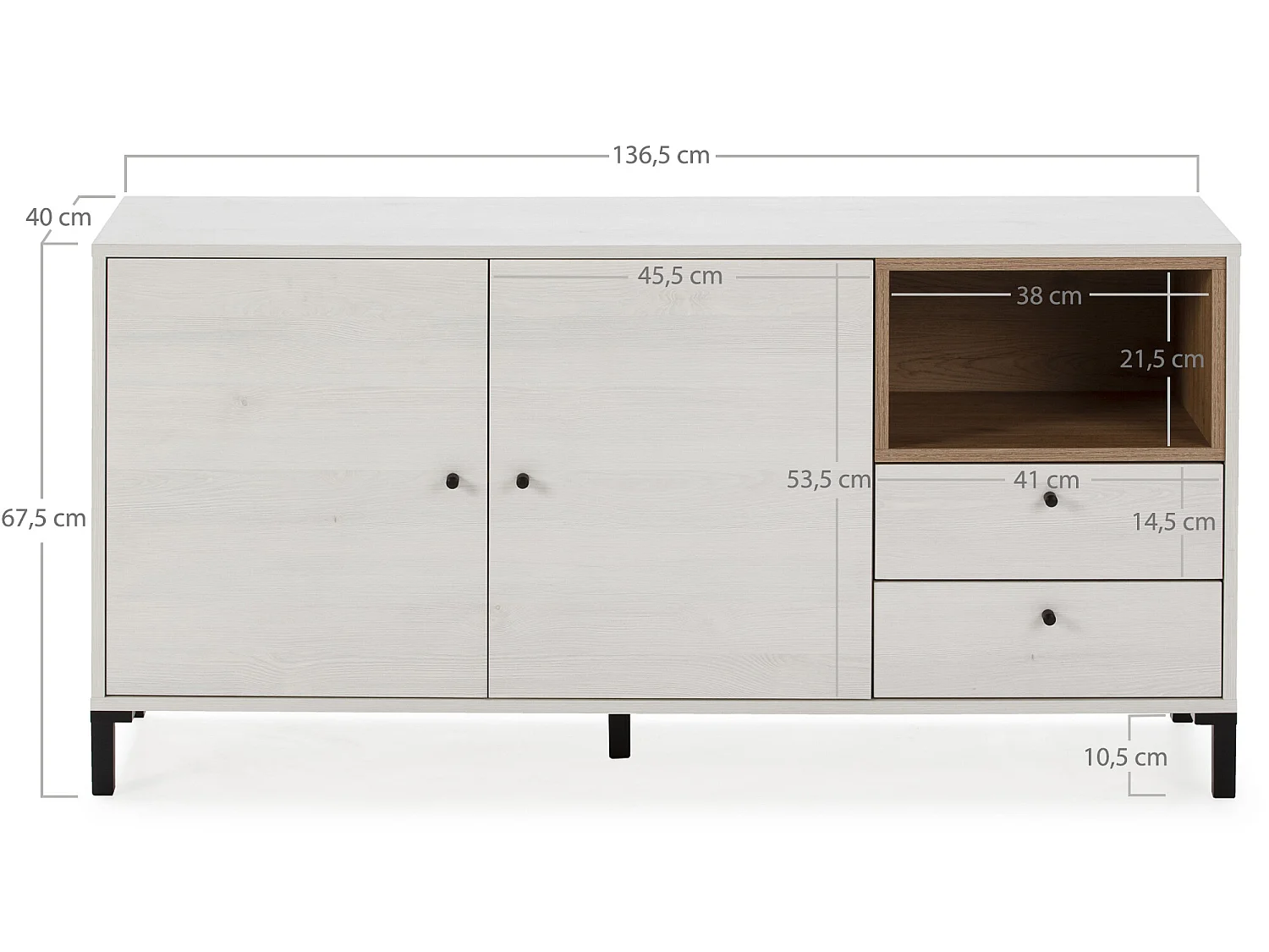Credenza bassa Javea 2 cassetti, 2 porte e 1 ripiano, bianco/legno, 136,5 cm