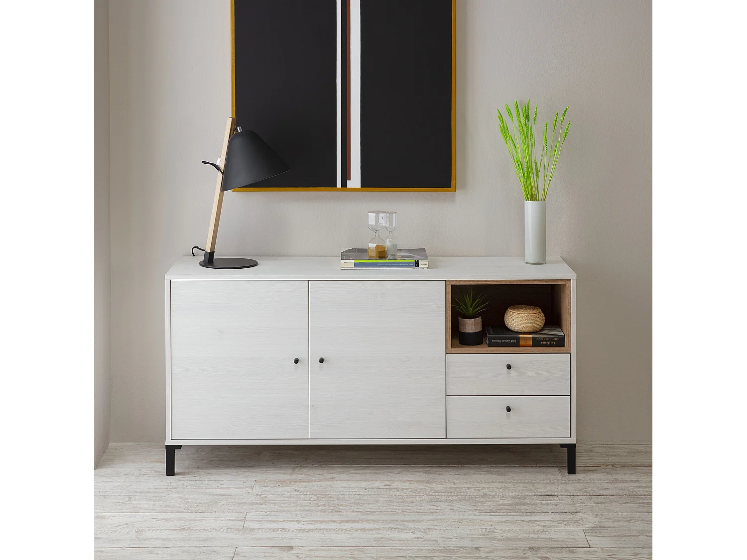 Credenza bassa Javea 2 cassetti, 2 porte e 1 ripiano, bianco/legno, 136,5 cm