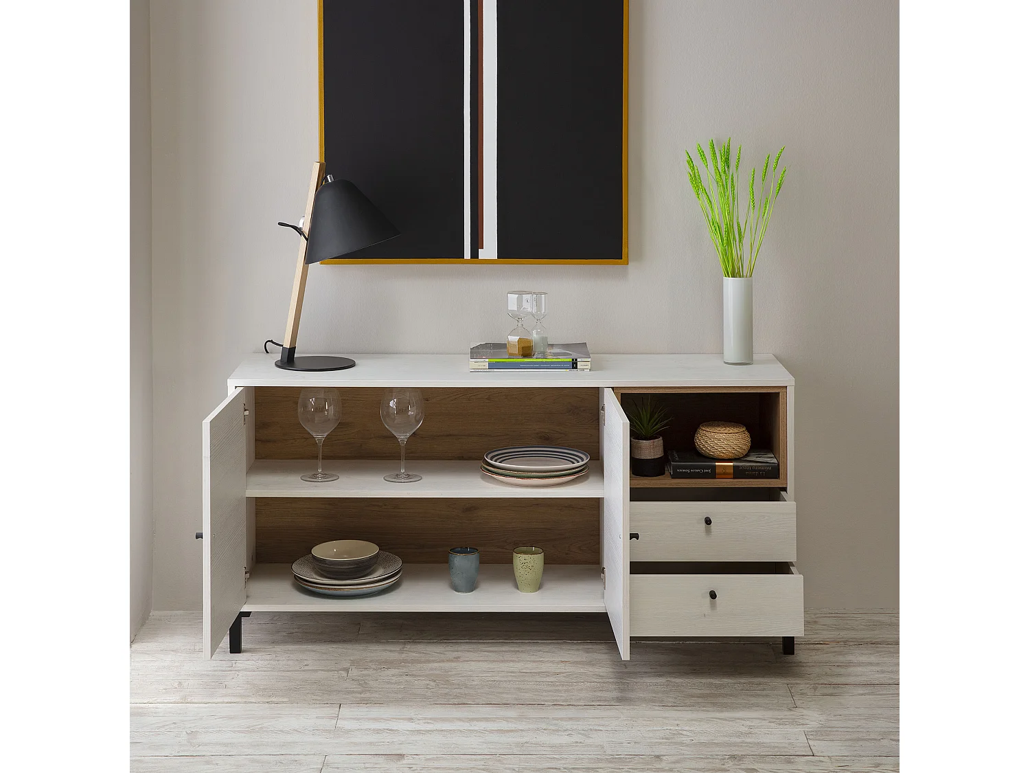 Credenza bassa Javea 2 cassetti, 2 porte e 1 ripiano, bianco/legno, 136,5 cm