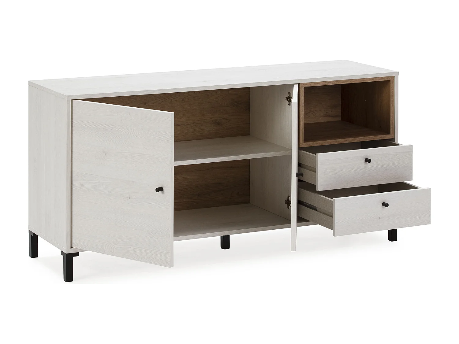 Bufet kolumnowy Bas Javea z 2 szufladami, 2 drzwiczkami i 1 półką, kolor biały/drewno, szerokość 136,5 cm.