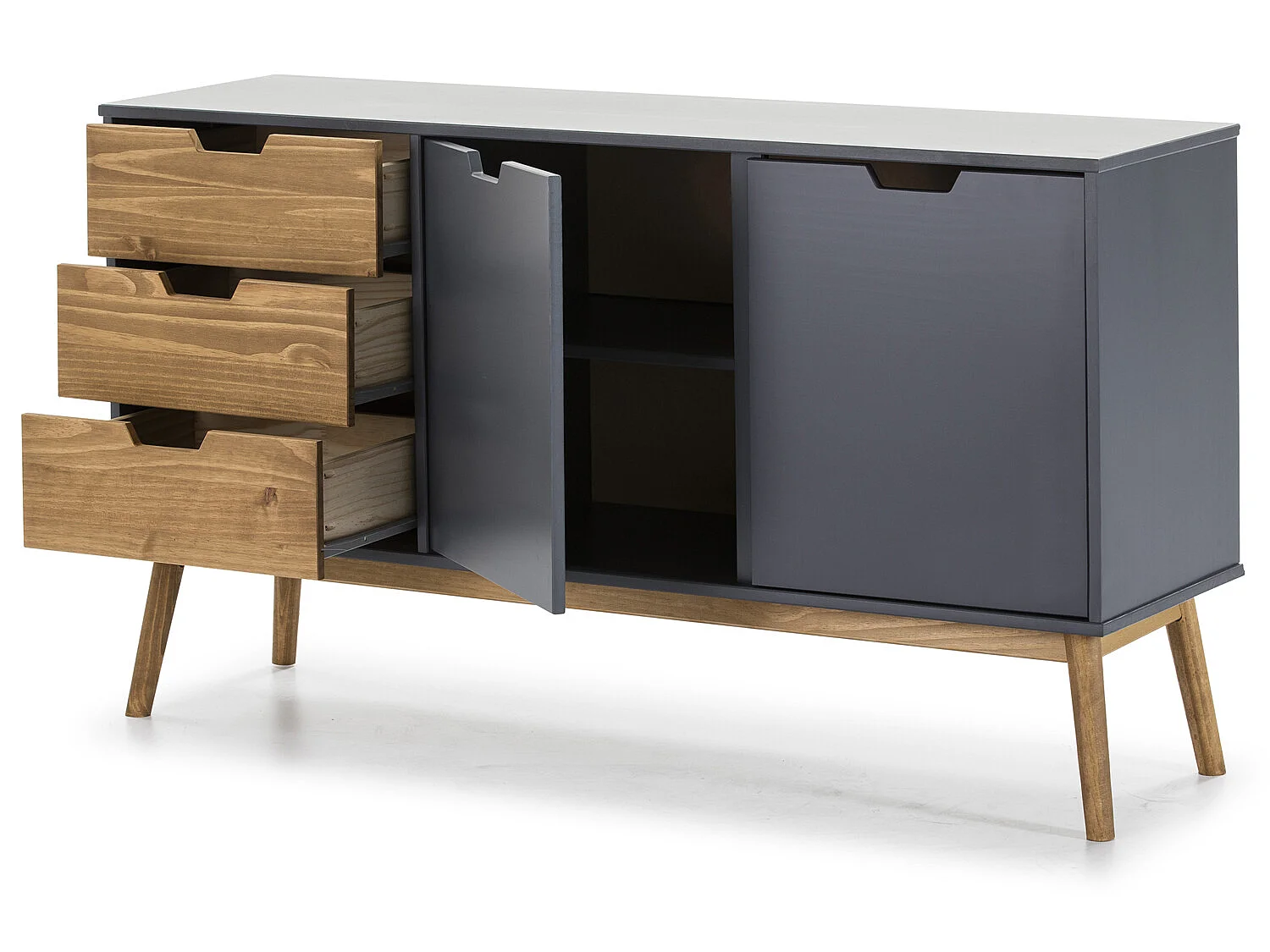 Dressoir Java 3 laden en 2 deuren Antraciet/Was, Massief grenenhout, 140 cm lengte