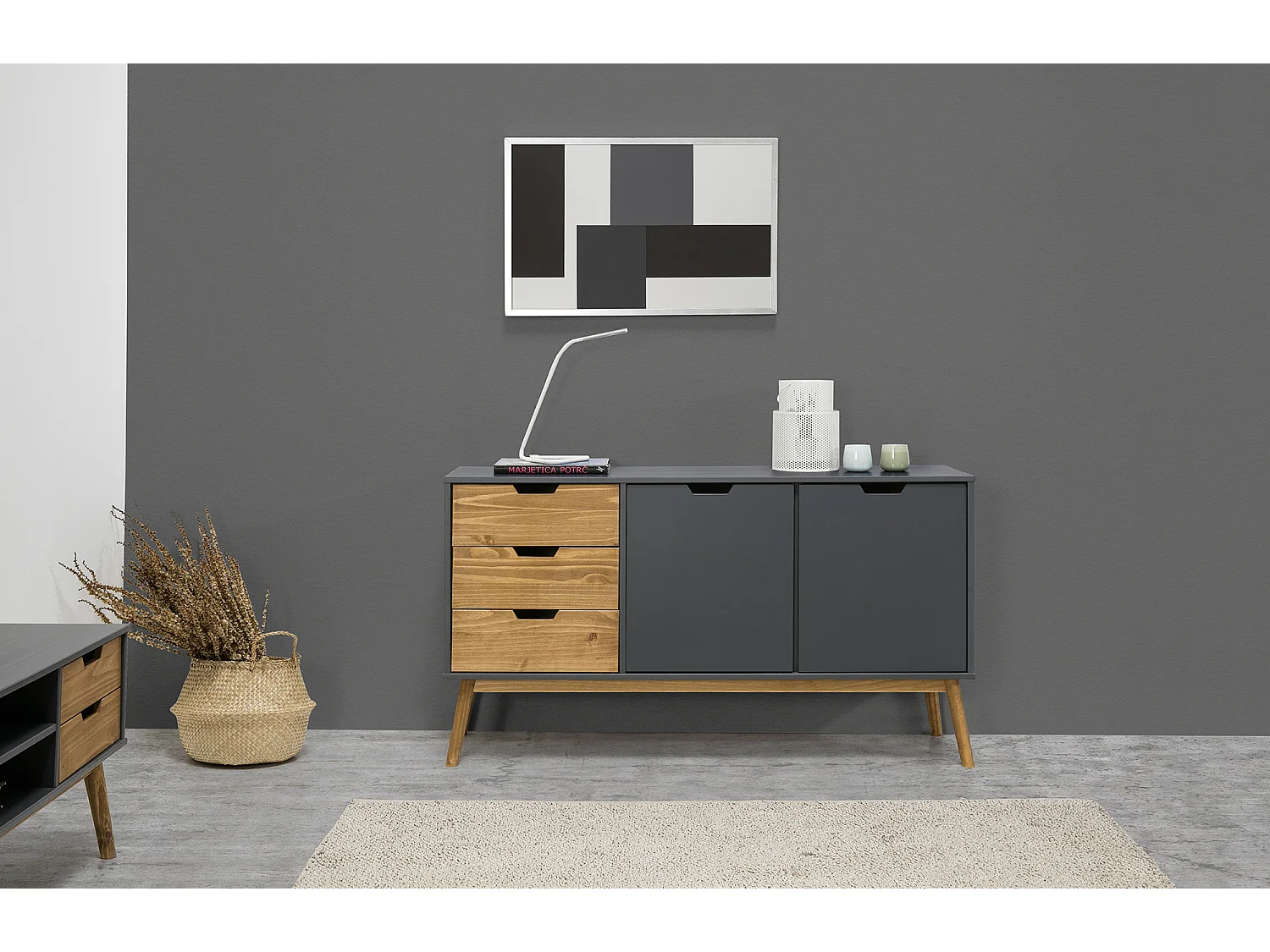 Buffet Commode Java 3 tiroir y 2 Porte Anthracite, glissières métalliques, 140 cm