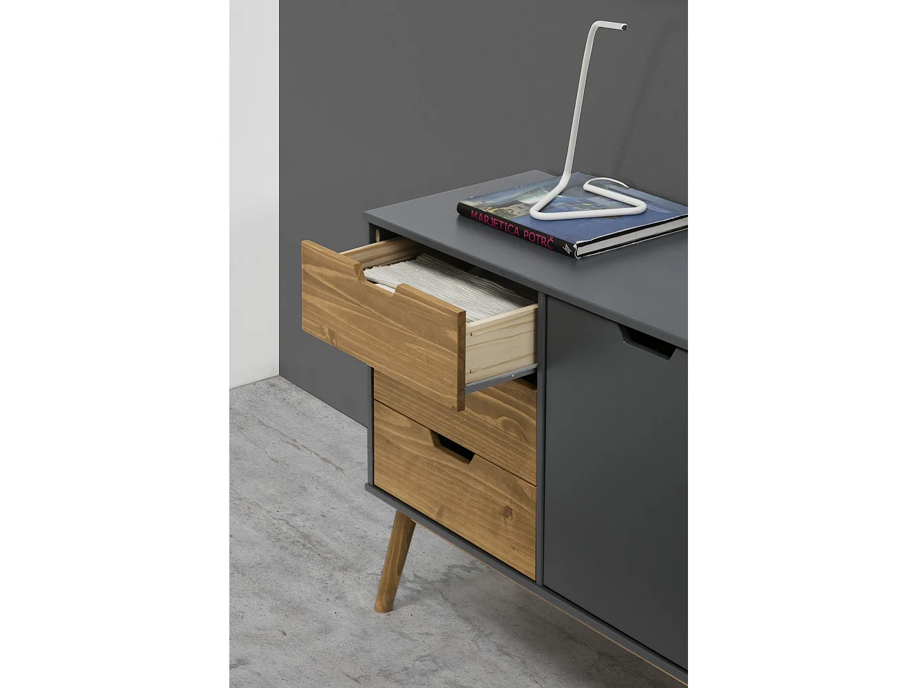 Buffet Commode Java 3 tiroir y 2 Porte Anthracite, glissières métalliques, 140 cm