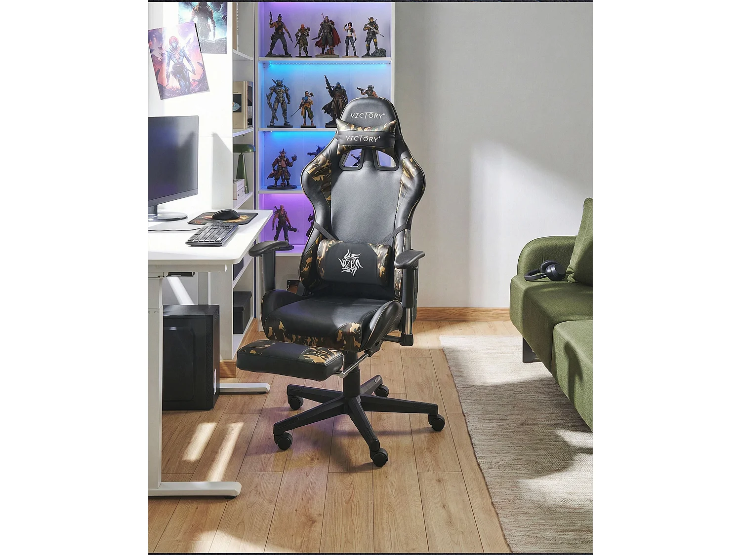 Moderner Gaming Stuhl mit Fußstützen Schwarz/Militär-Muster Kunstleder Victory