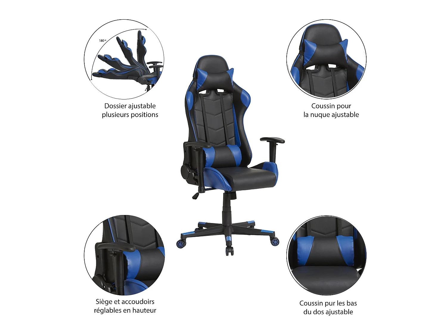 Fauteuil de bureau Gaming Racer professionnel Bleu, inclinaison et hauteur réglable