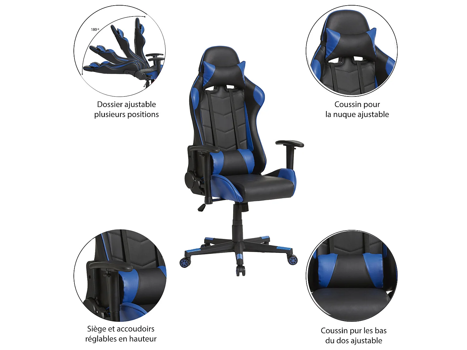 Fauteuil de bureau Gaming Racer professionnel Bleu, inclinaison et hauteur réglable