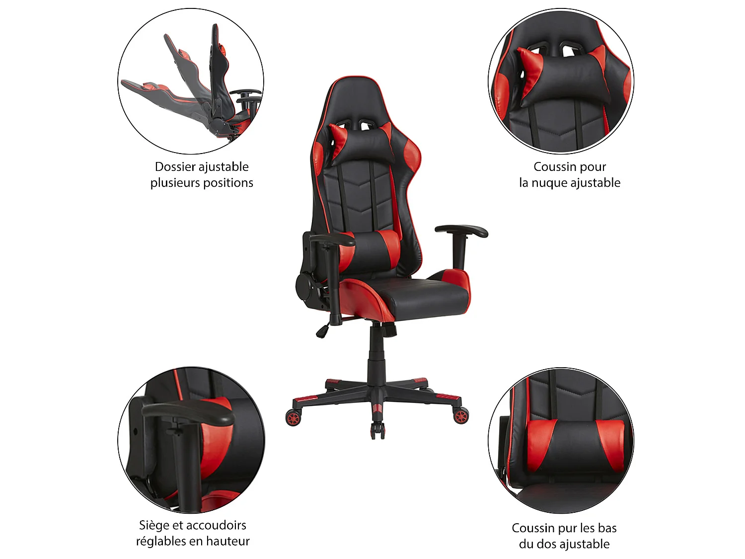 Fauteuil de bureau Gaming Racer professionnel Rouge, inclinaison et hauteur réglable