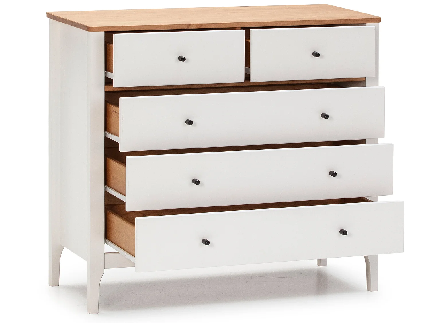 Commode 5 tiroirs Luca dans les tiroirs Blanc/Chêne, 90 cm Longueur