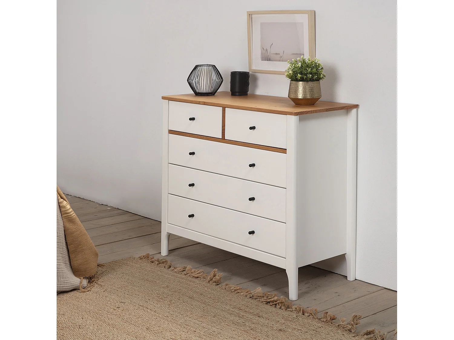 Commode 5 tiroirs Luca dans les tiroirs Blanc/Chêne, 90 cm Longueur