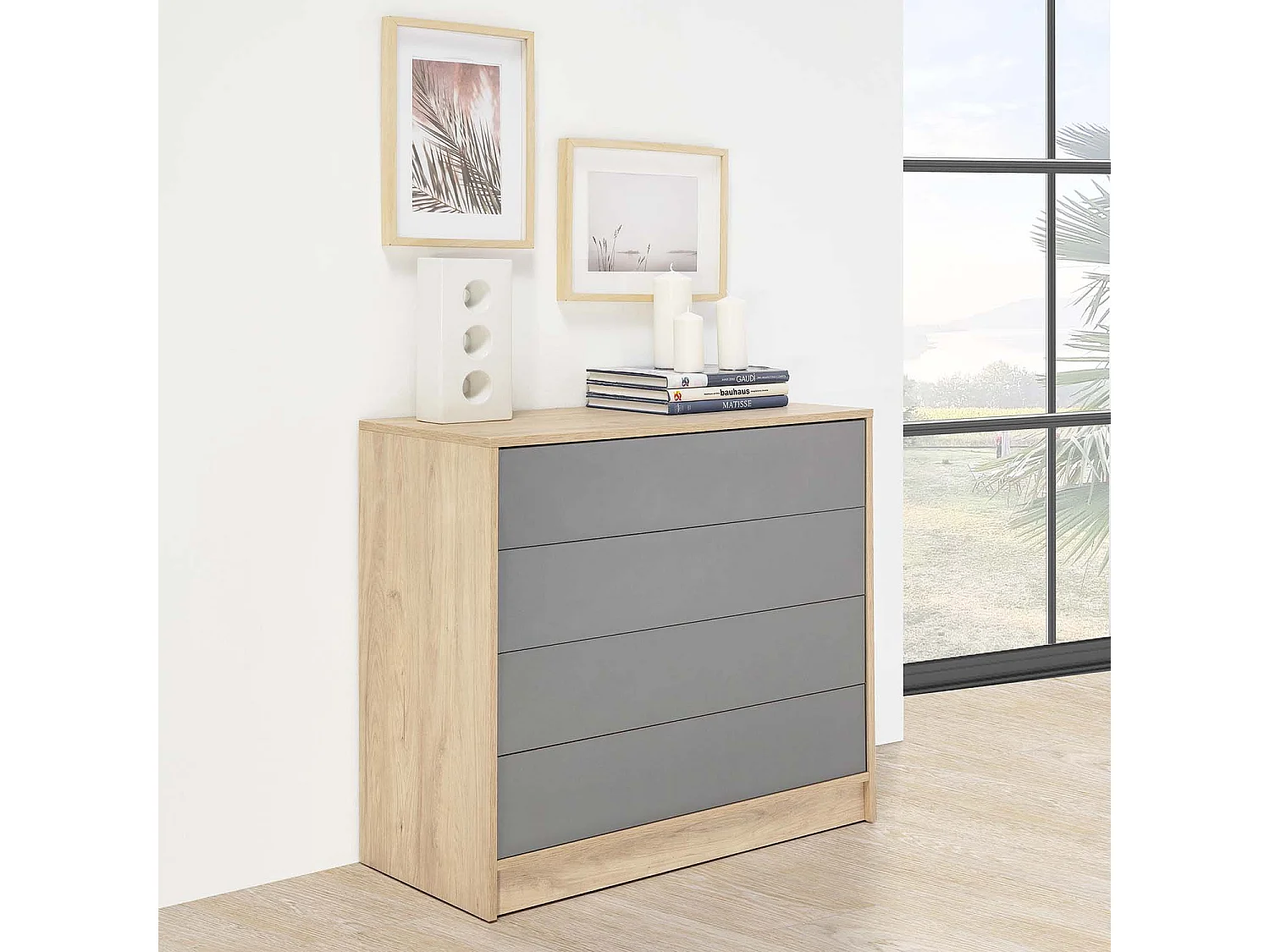 Cómoda de Noche Panama 4 cajones, Color Madera y Gris, 80 cm (Ancho) 40 cm (Profundo)