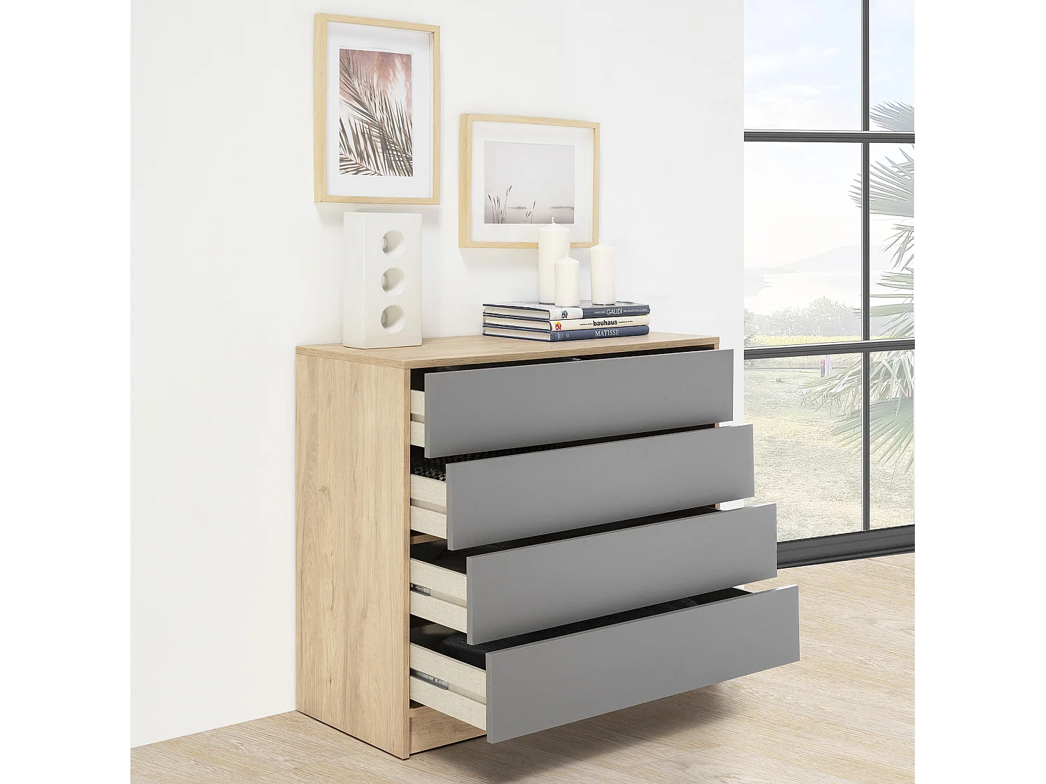 Cómoda de Noche Panama 4 cajones, Color Madera y Gris, 80 cm (Ancho) 40 cm (Profundo)