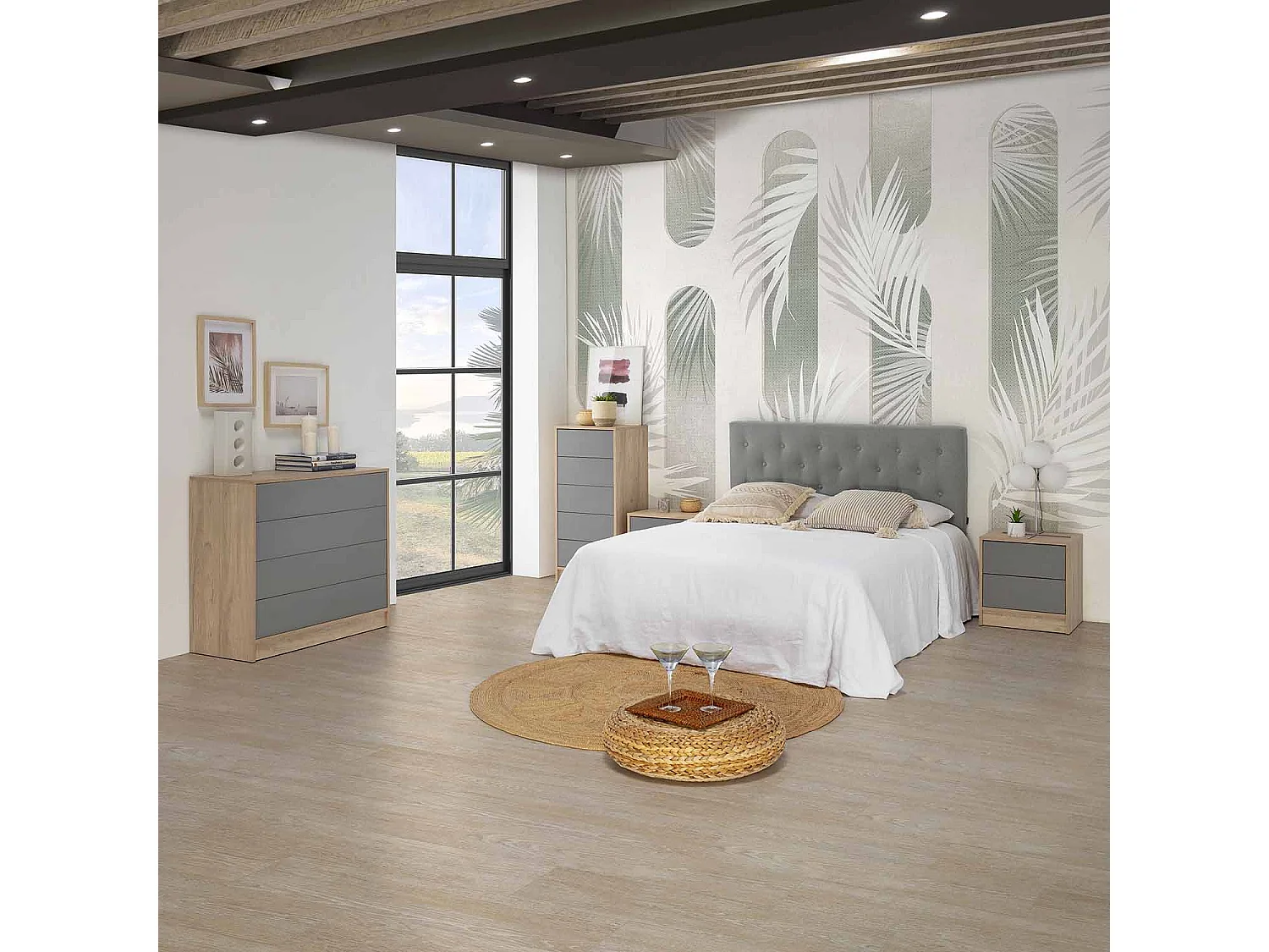 Cómoda de Noche Panama 4 cajones, Color Madera y Gris, 80 cm (Ancho) 40 cm (Profundo)