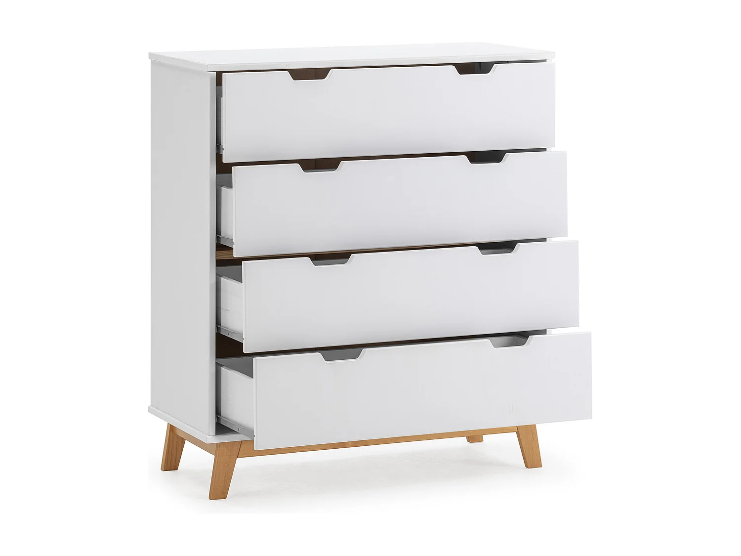 Nachtkastje Miranda met 4 laden in het wit, gelakt MDF, houten poten en metalen geleiders.