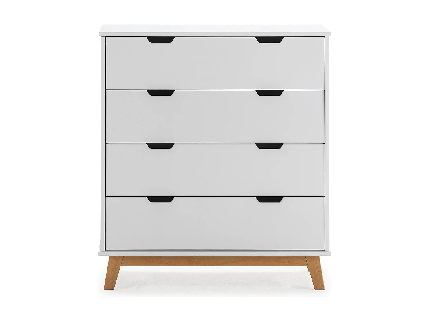 Cômoda de Noite Miranda de 4 gavetas Branca, MDF Laqueado, Pernas de Madeira e corrediças metálicas.