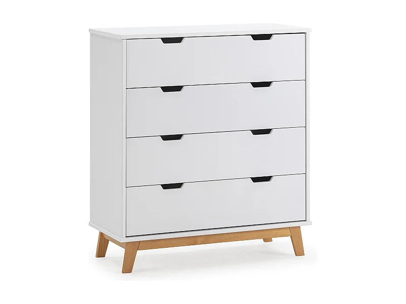 Commode Miranda avec 4 tirois en Couleur Blanc, Pieds en Bois Naturel