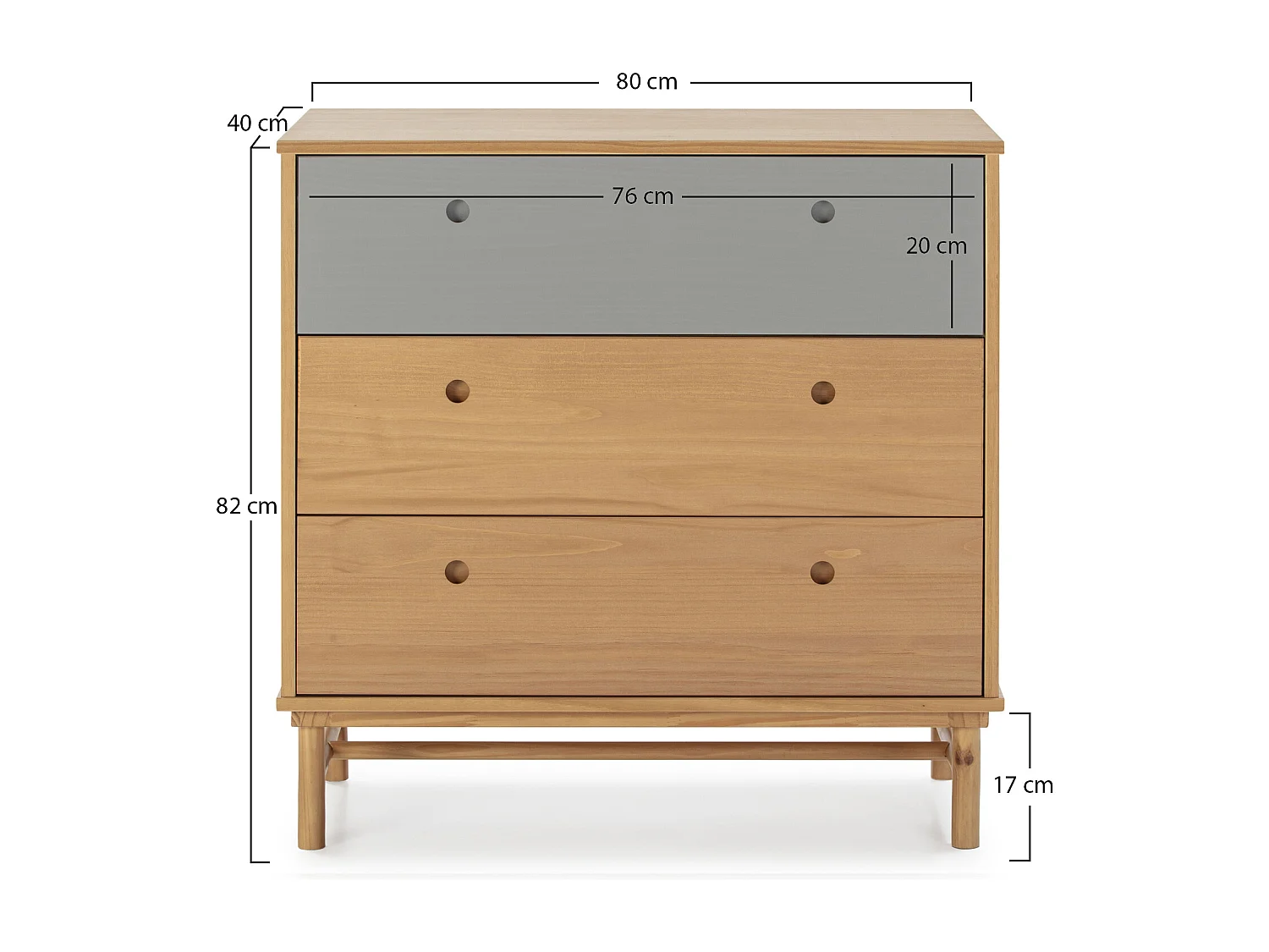 Cassettiera Magnus 3 cassetti, legno massiccio, 80 cm (larghezza) 40 cm (profondità) 82 cm (altezza)