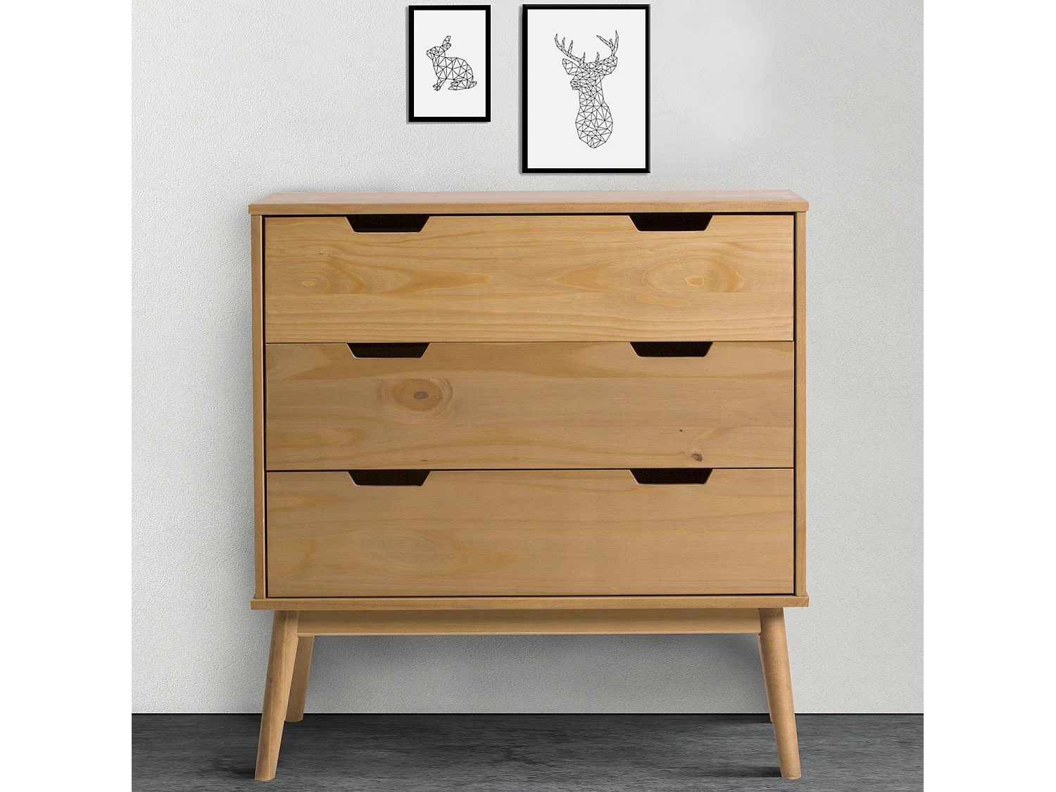 Commode Bali 3 tiroirs, Fabriqué en Bois de pin Massif, glissières métalliques