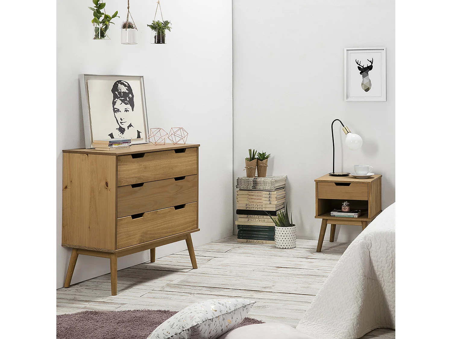 Commode Bali 3 tiroirs, Fabriqué en Bois de pin Massif, glissières métalliques