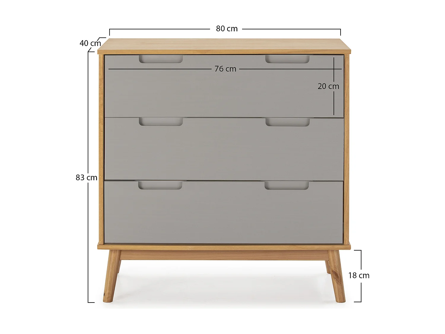 Cómoda de Noche Bruce 3 cajones, Madera Maciza, 80 cm (Ancho) 40 cm (Profundo) 83 cm (Alt.)
