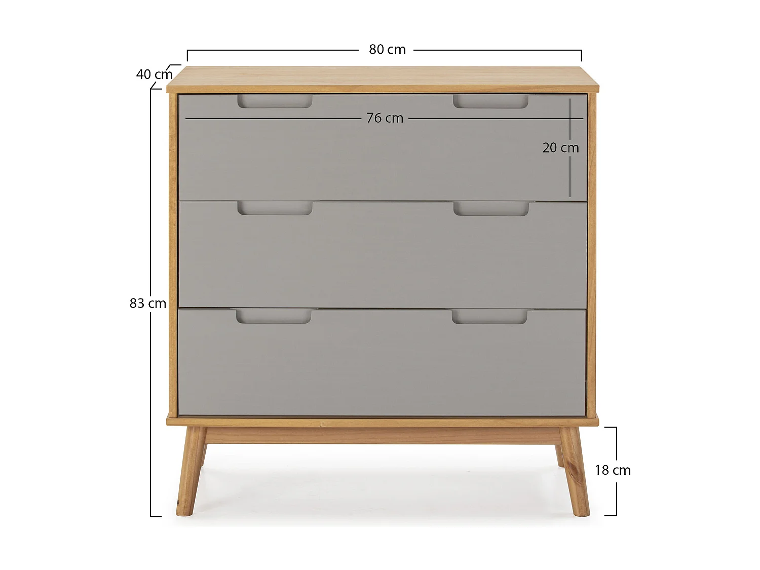 Cómoda de Noche Bruce 3 cajones, Madera Maciza, 80 cm (Ancho) 40 cm (Profundo) 83 cm (Alt.)