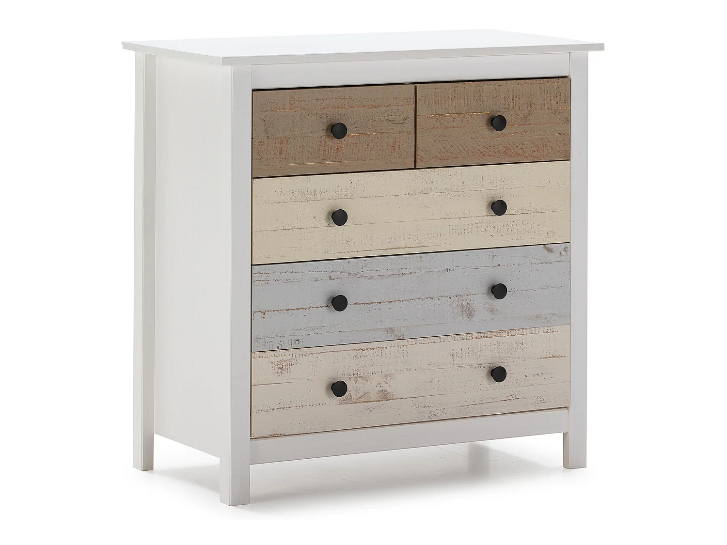 Commode 5 tiroirs Magda dans les tiroirs Blanc et Multicolores, 79 cm Longueur