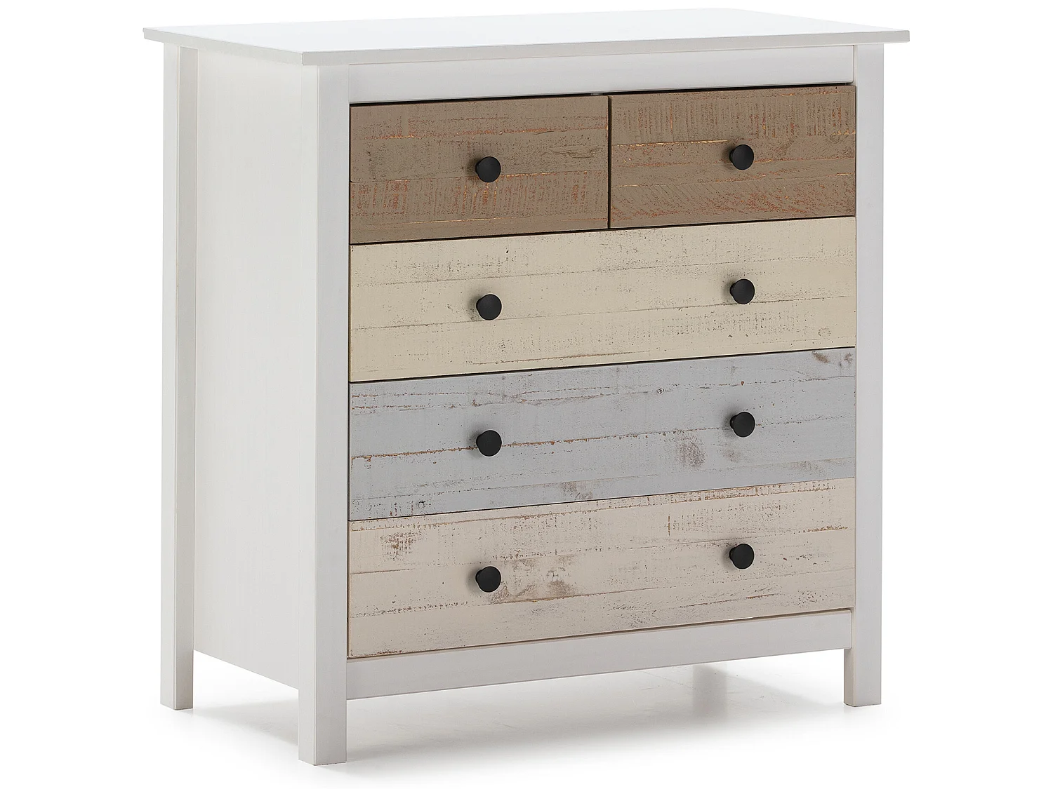 Commode 5 tiroirs Magda dans les tiroirs Blanc et Multicolores, 79 cm Longueur