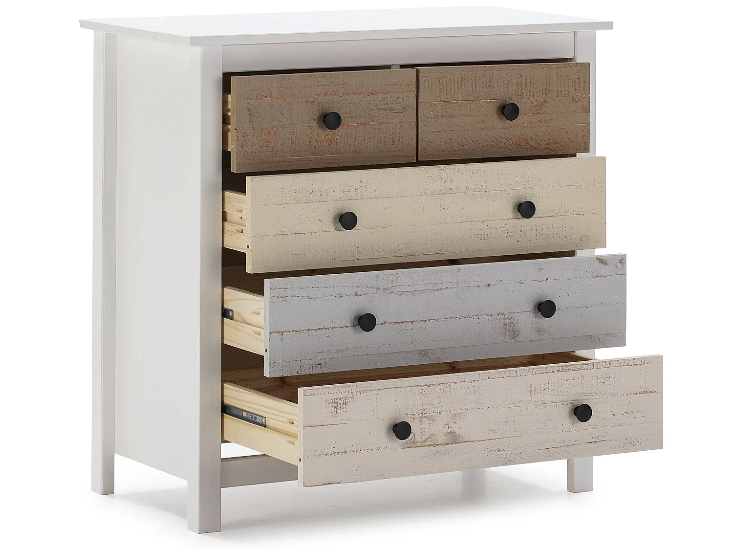 Commode 5 tiroirs Magda dans les tiroirs Blanc et Multicolores, 79 cm Longueur