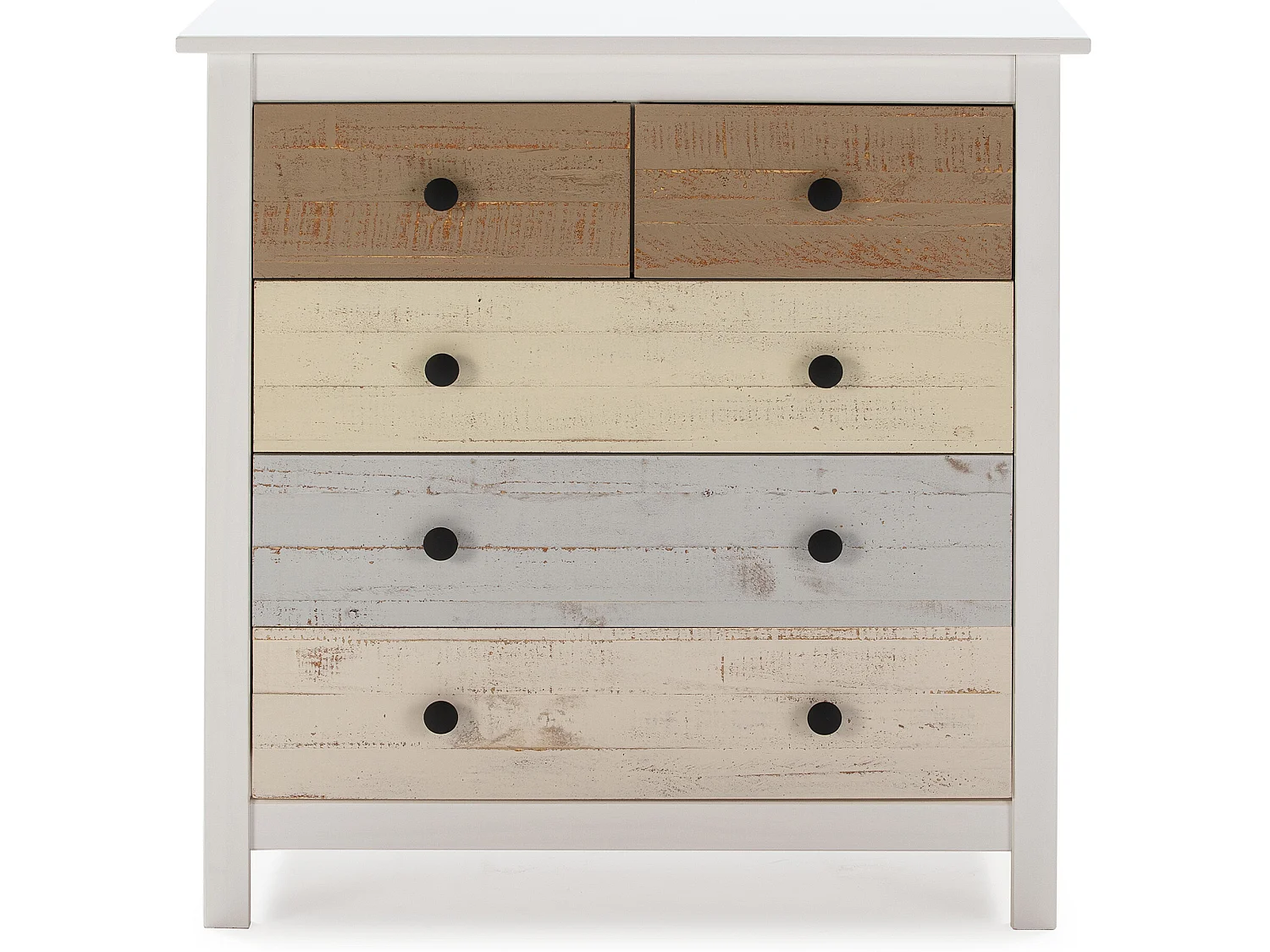 Commode 5 tiroirs Magda dans les tiroirs Blanc et Multicolores, 79 cm Longueur