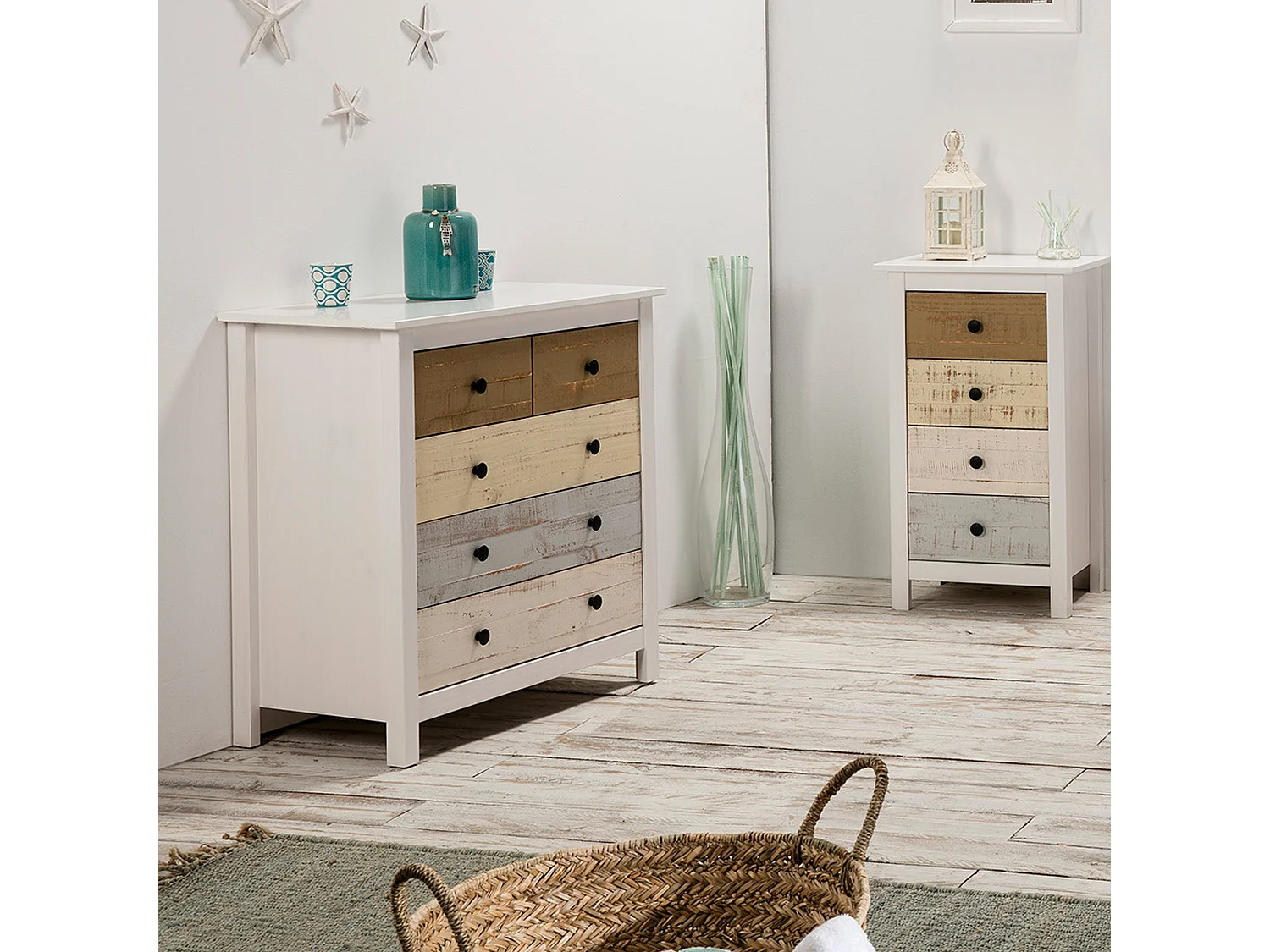 Commode 5 tiroirs Magda dans les tiroirs Blanc et Multicolores, 79 cm Longueur