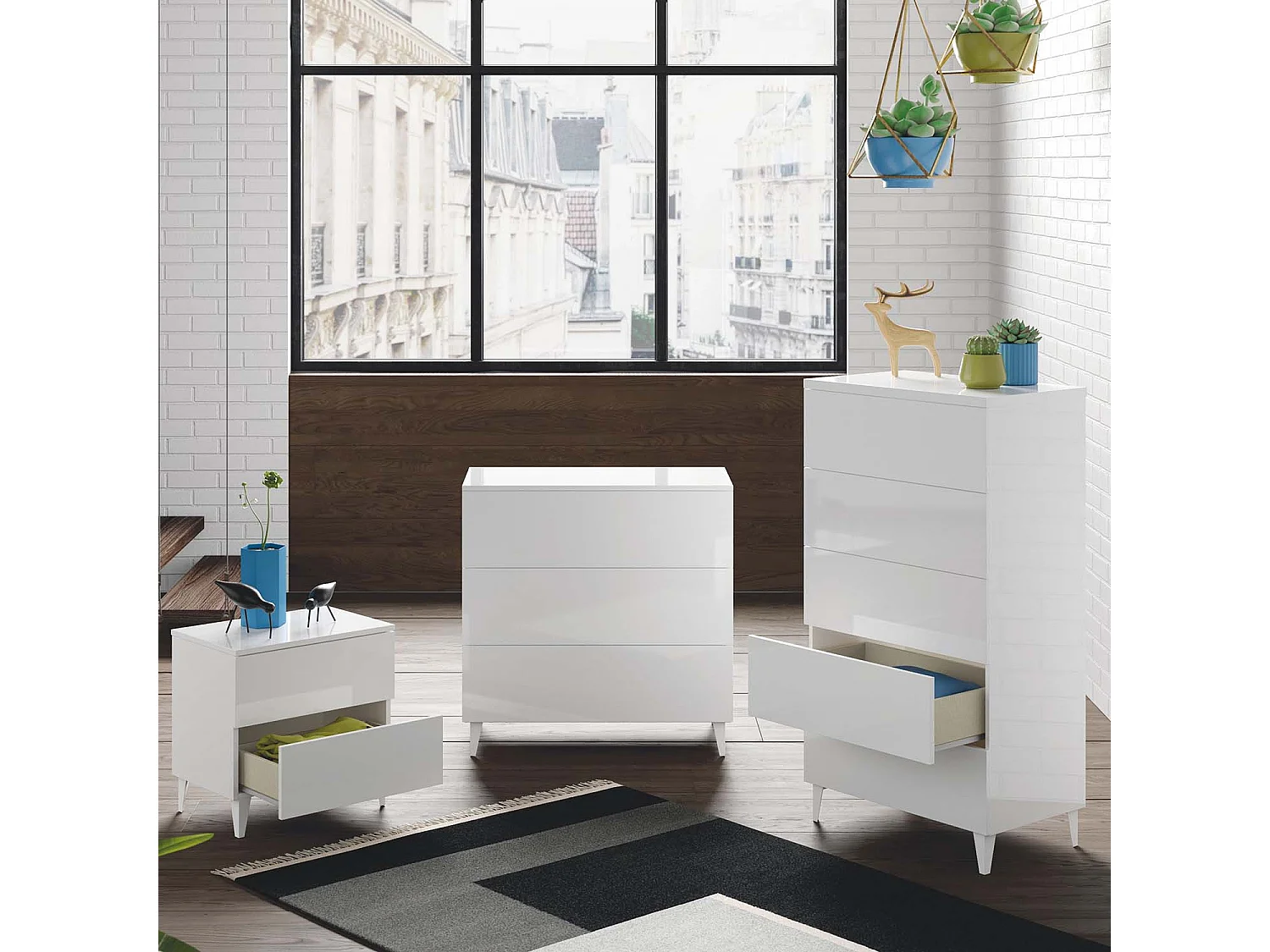 Cômoda de Noite Vera de 3 gavetas Cor Branco Brilhante, 80 cm (Largura) 40 cm (Profundidade)