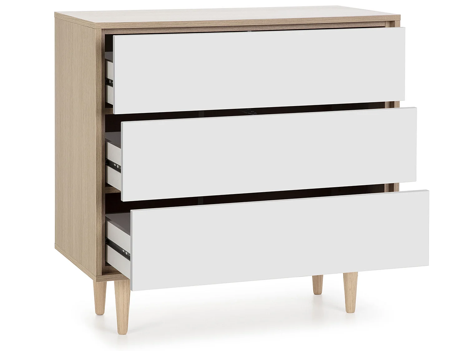 Commode de Nuit Denia 3 tiroirs Couleur Chêne/Blanc, 80 cm Largeur