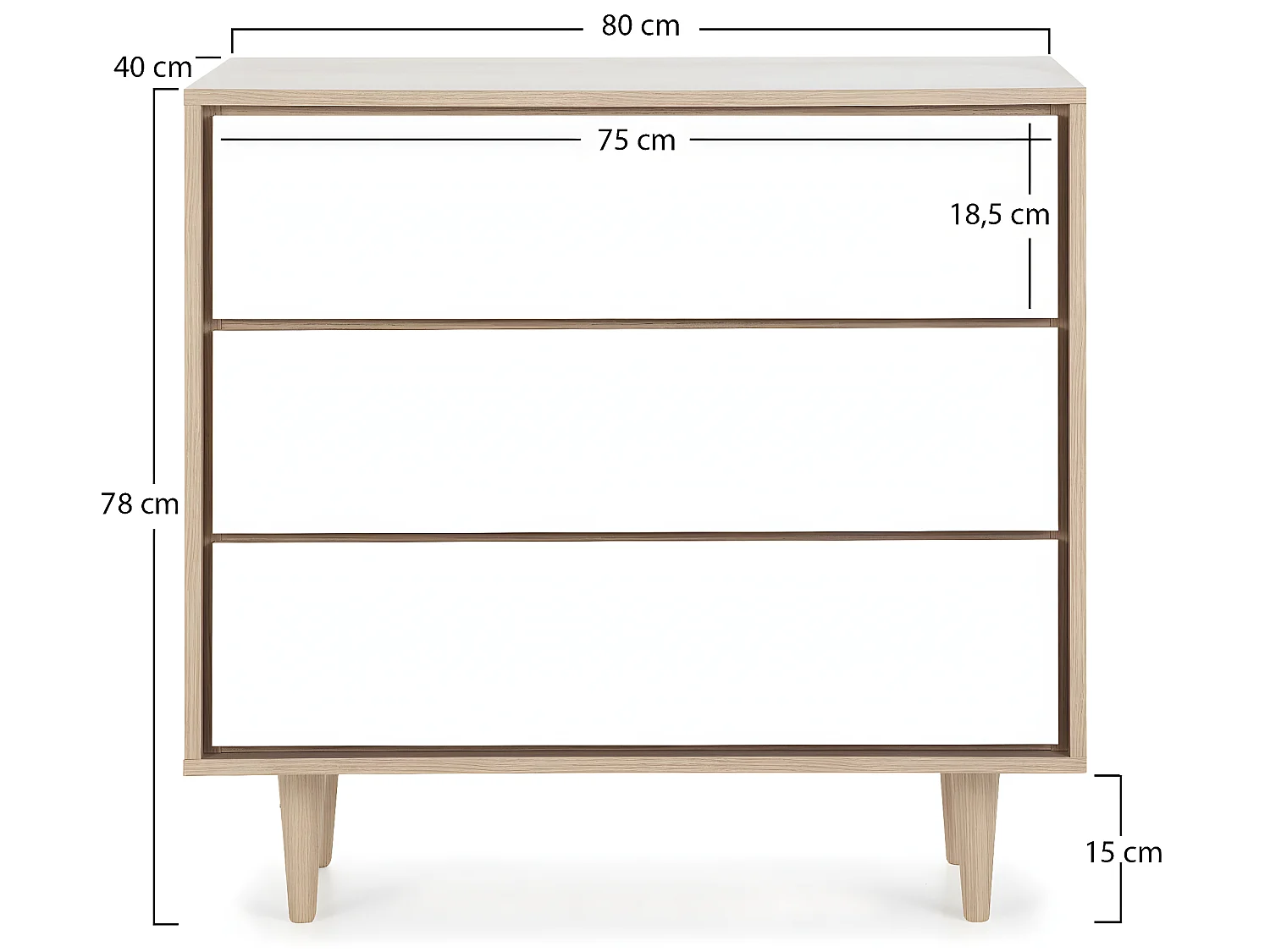 Commode de Nuit Denia 3 tiroirs Couleur Chêne/Blanc, 80 cm Largeur
