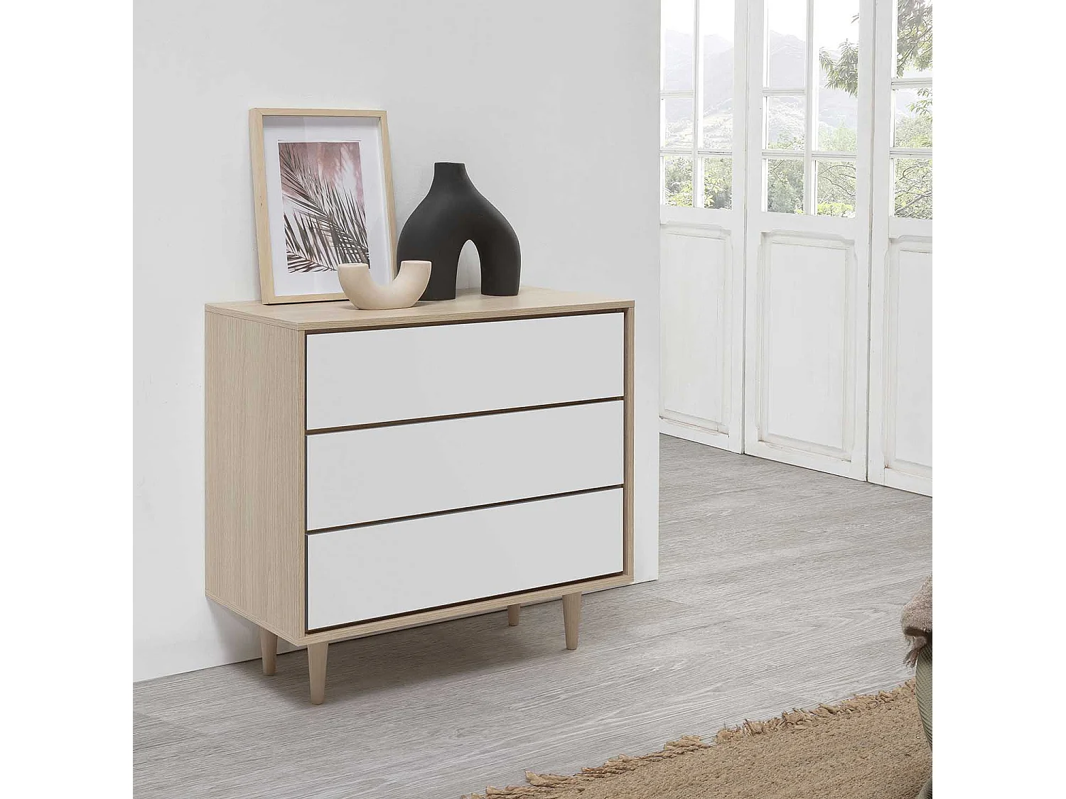 Commode de Nuit Denia 3 tiroirs Couleur Chêne/Blanc, 80 cm Largeur
