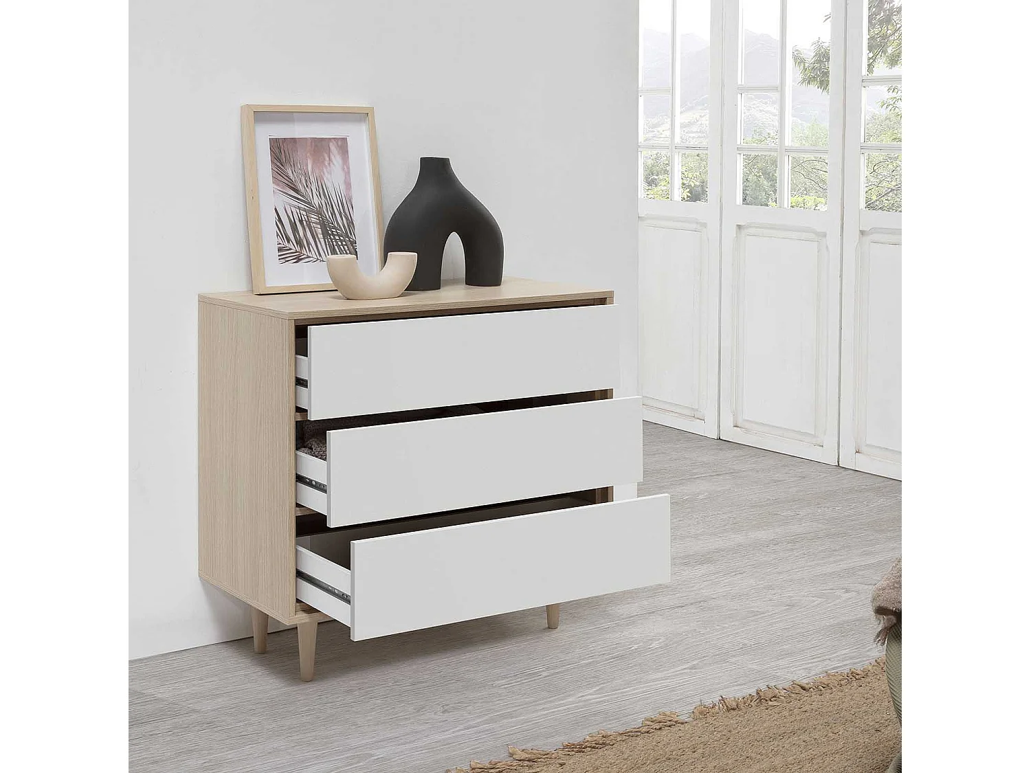 Commode de Nuit Denia 3 tiroirs Couleur Chêne/Blanc, 80 cm Largeur