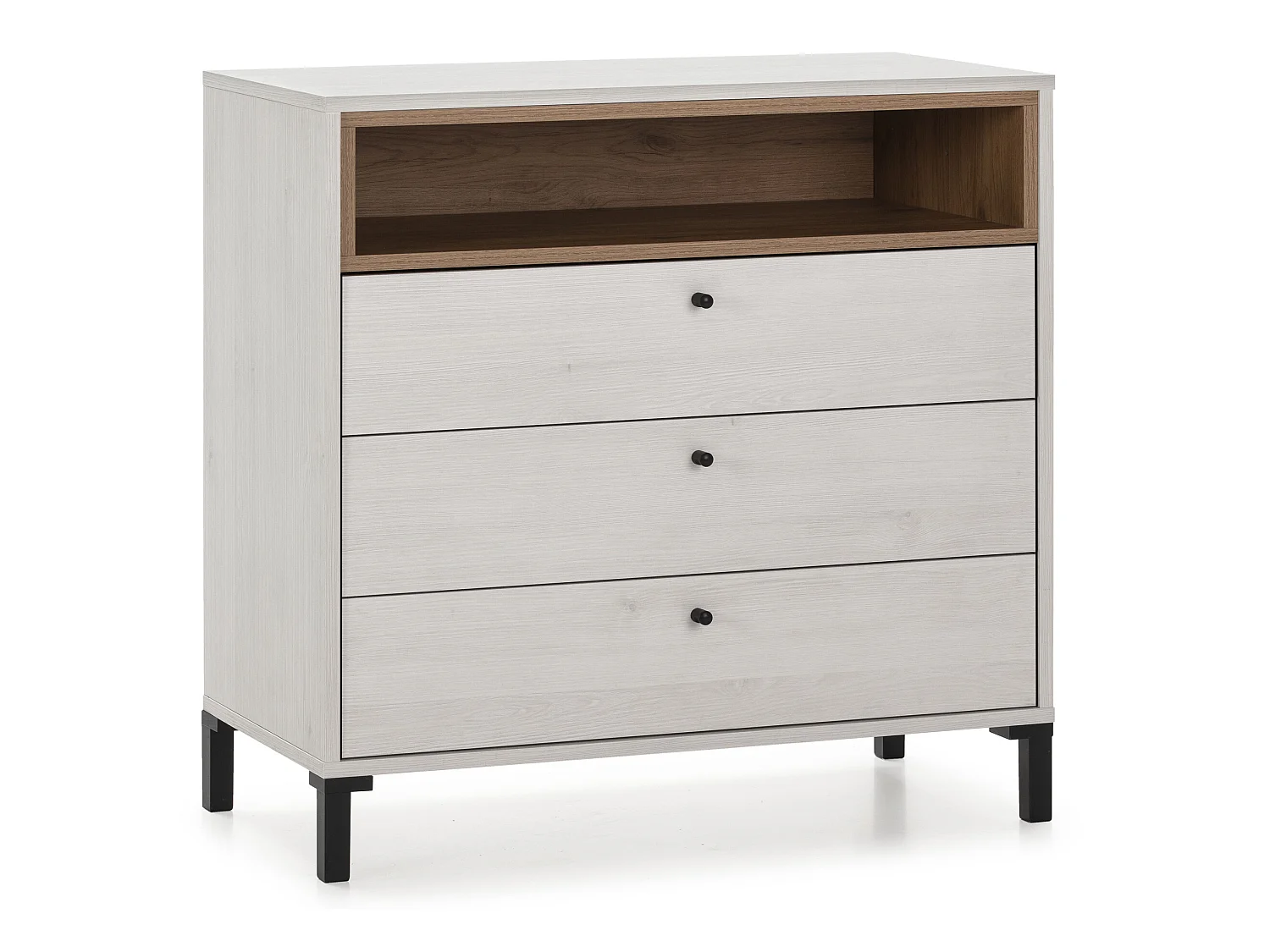 Commode Javea 3 tiroirs et 1 Niche, Couleur Blanc et Bois, 80 cm Largeur