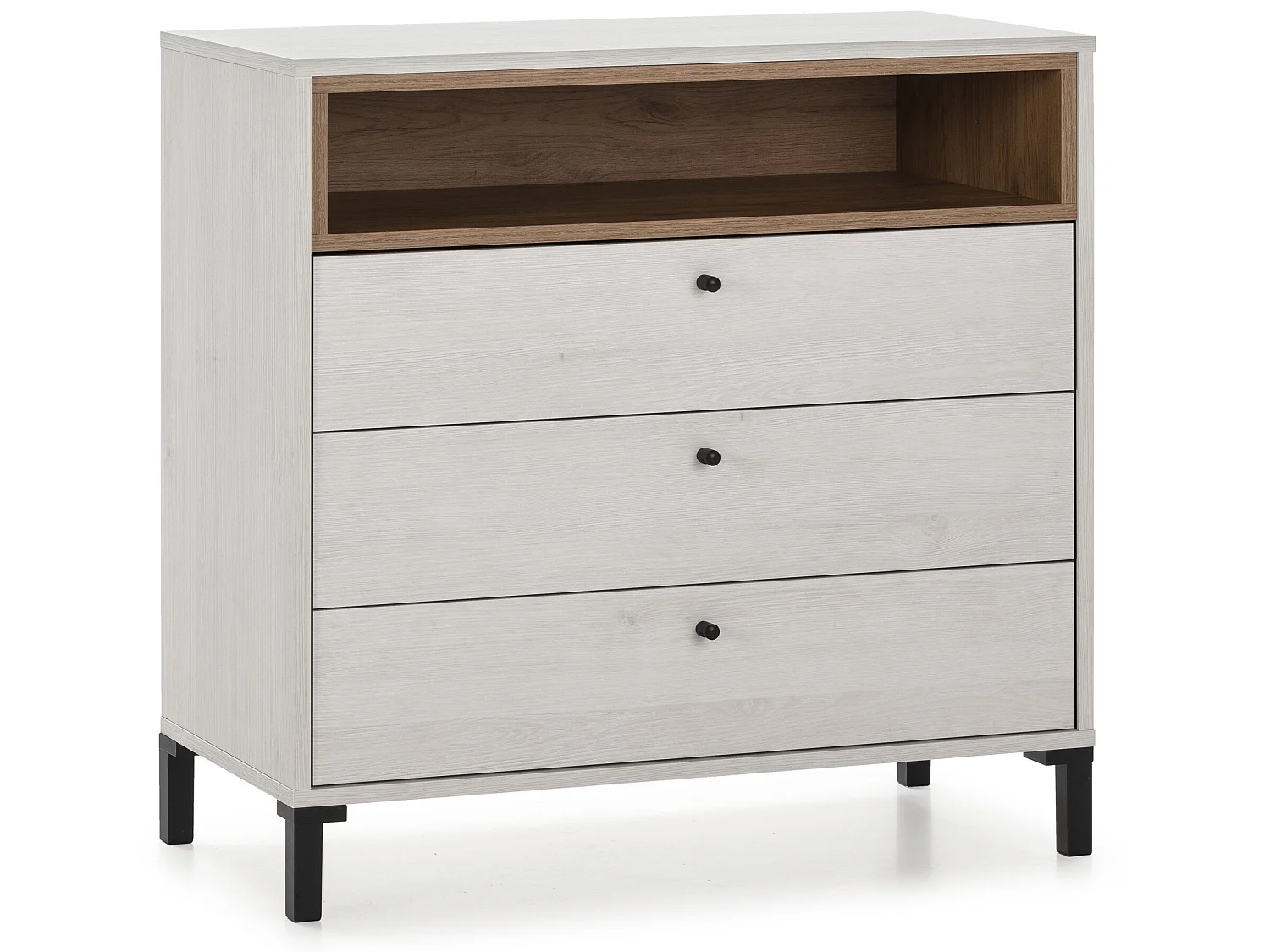 Commode Javea 3 tiroirs et 1 Niche, Couleur Blanc et Bois, 80 cm Largeur