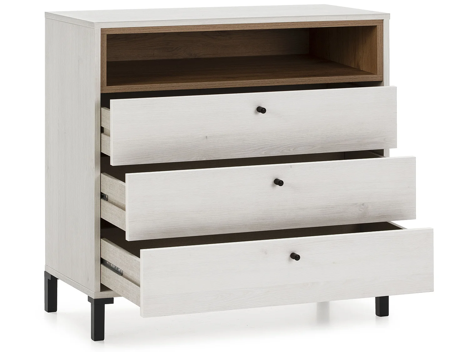 Commode Javea 3 tiroirs et 1 Niche, Couleur Blanc et Bois, 80 cm Largeur