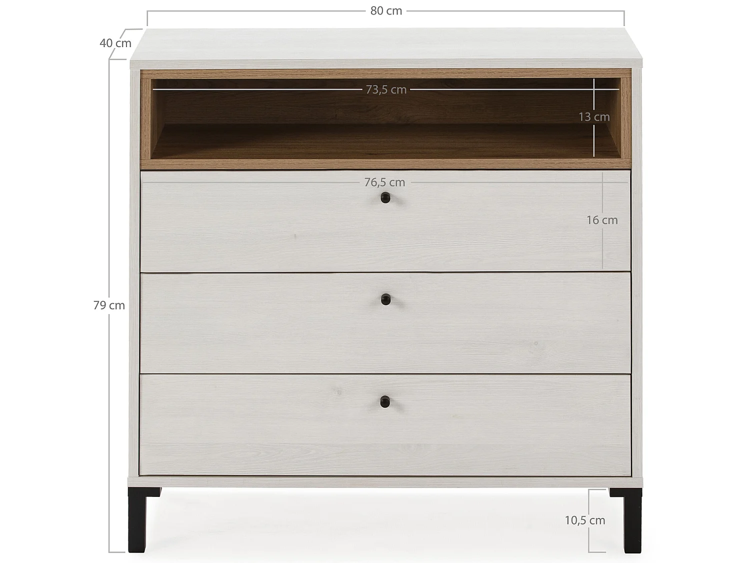 Commode Javea 3 tiroirs et 1 Niche, Couleur Blanc et Bois, 80 cm Largeur