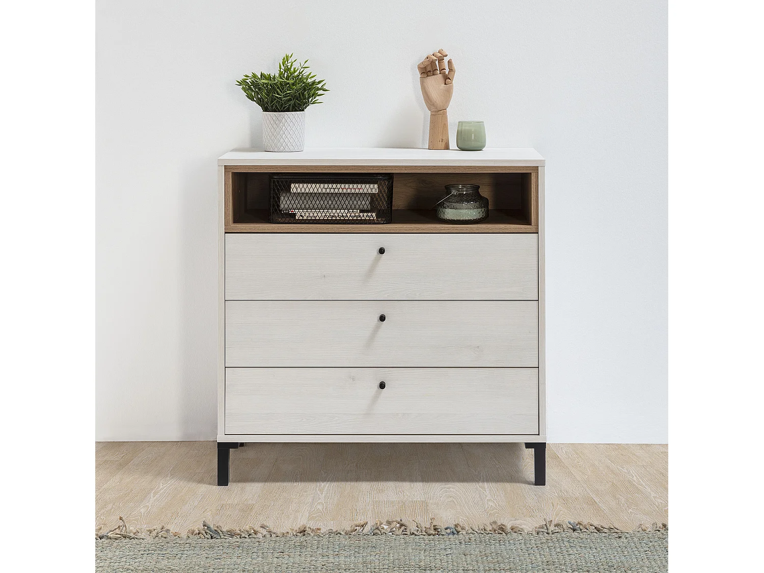 Commode Javea 3 tiroirs et 1 Niche, Couleur Blanc et Bois, 80 cm Largeur