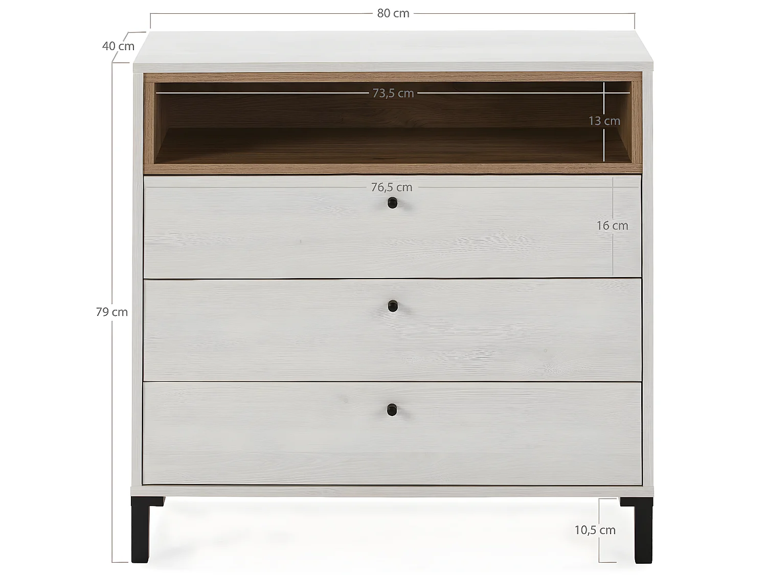 Commode Javea 3 tiroirs et 1 Niche, Couleur Blanc et Bois, 80 cm Largeur