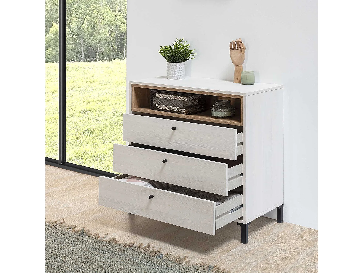 Commode Javea 3 tiroirs et 1 Niche, Couleur Blanc et Bois, 80 cm Largeur