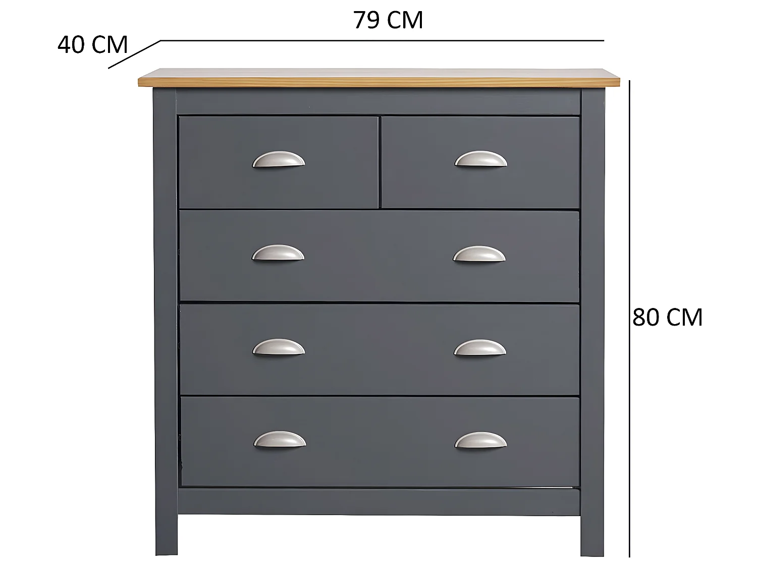 Comoda de Noche Jade de 5 cajones en Blanco y cajones Blanco, Pino macizo