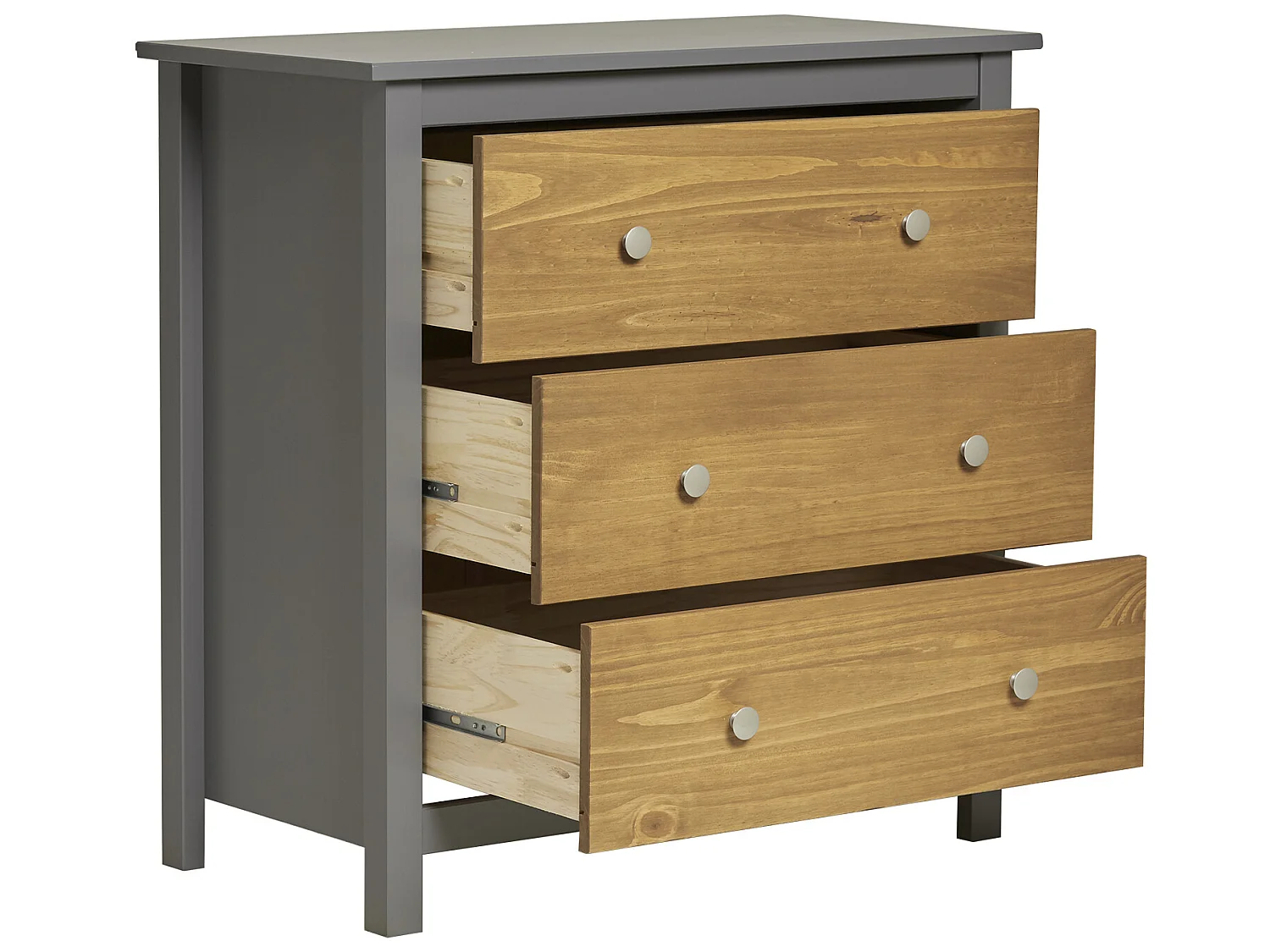 Commode Bonnie Gris 3 Tiroirs, Fabriqué en Bois de pin Massif, 79 cm Longueur