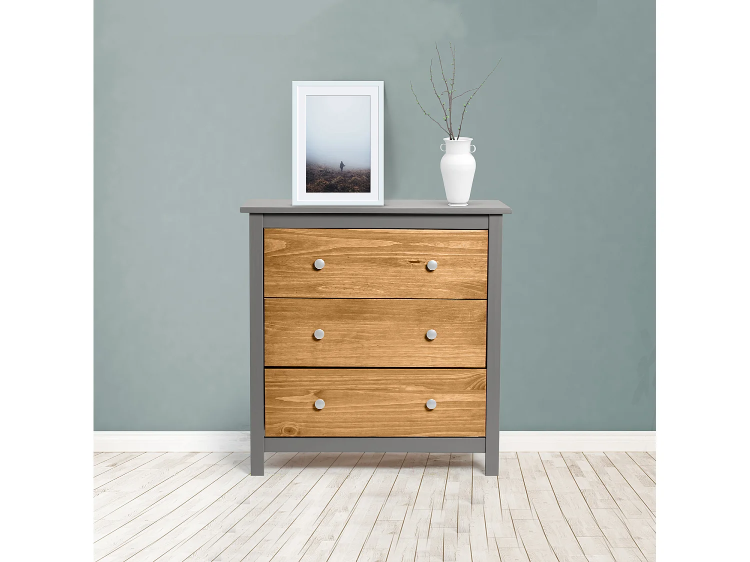 Commode Bonnie Gris 3 Tiroirs, Fabriqué en Bois de pin Massif, 79 cm Longueur